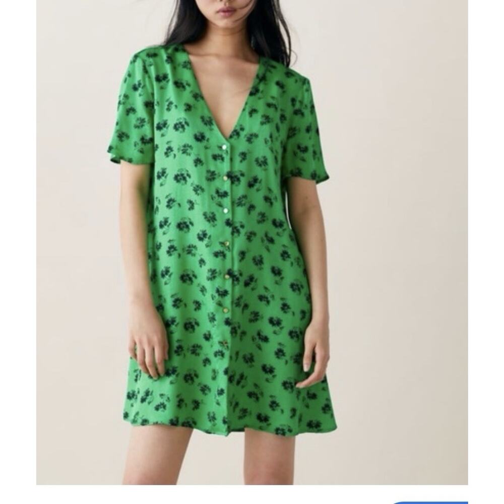Zara Vibrant Green Floral Button Dress Size M